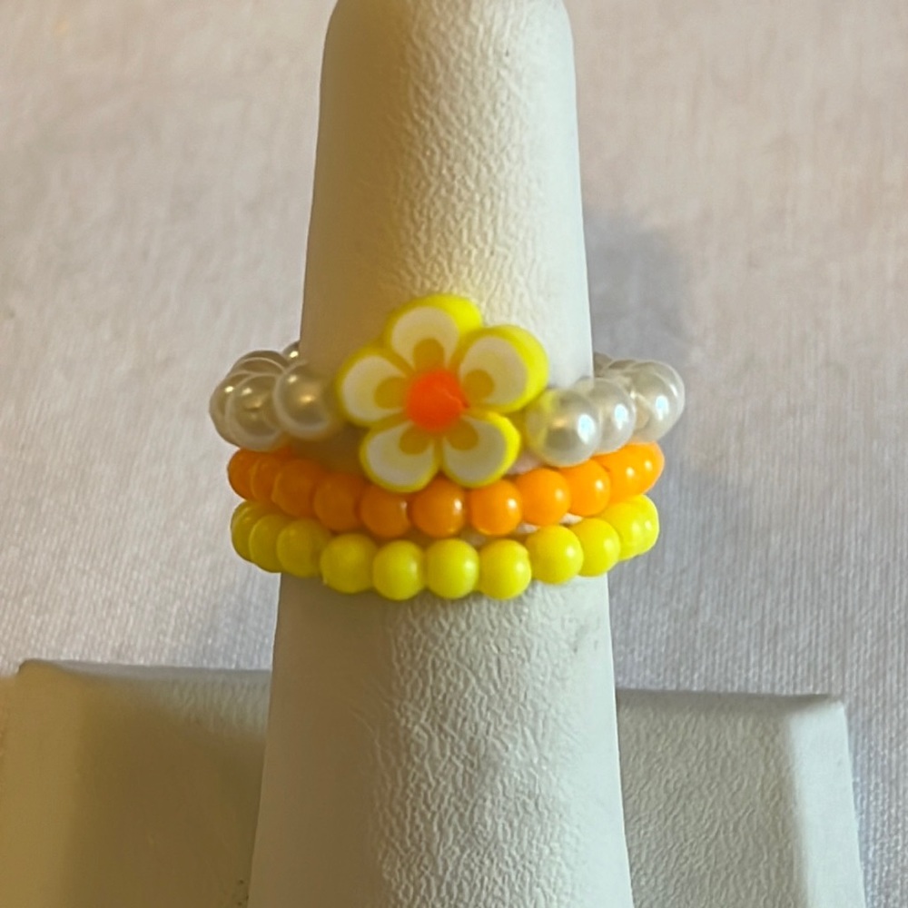 Handmade Yellow & Orange Beaded Flower Ring Set, Stretchy